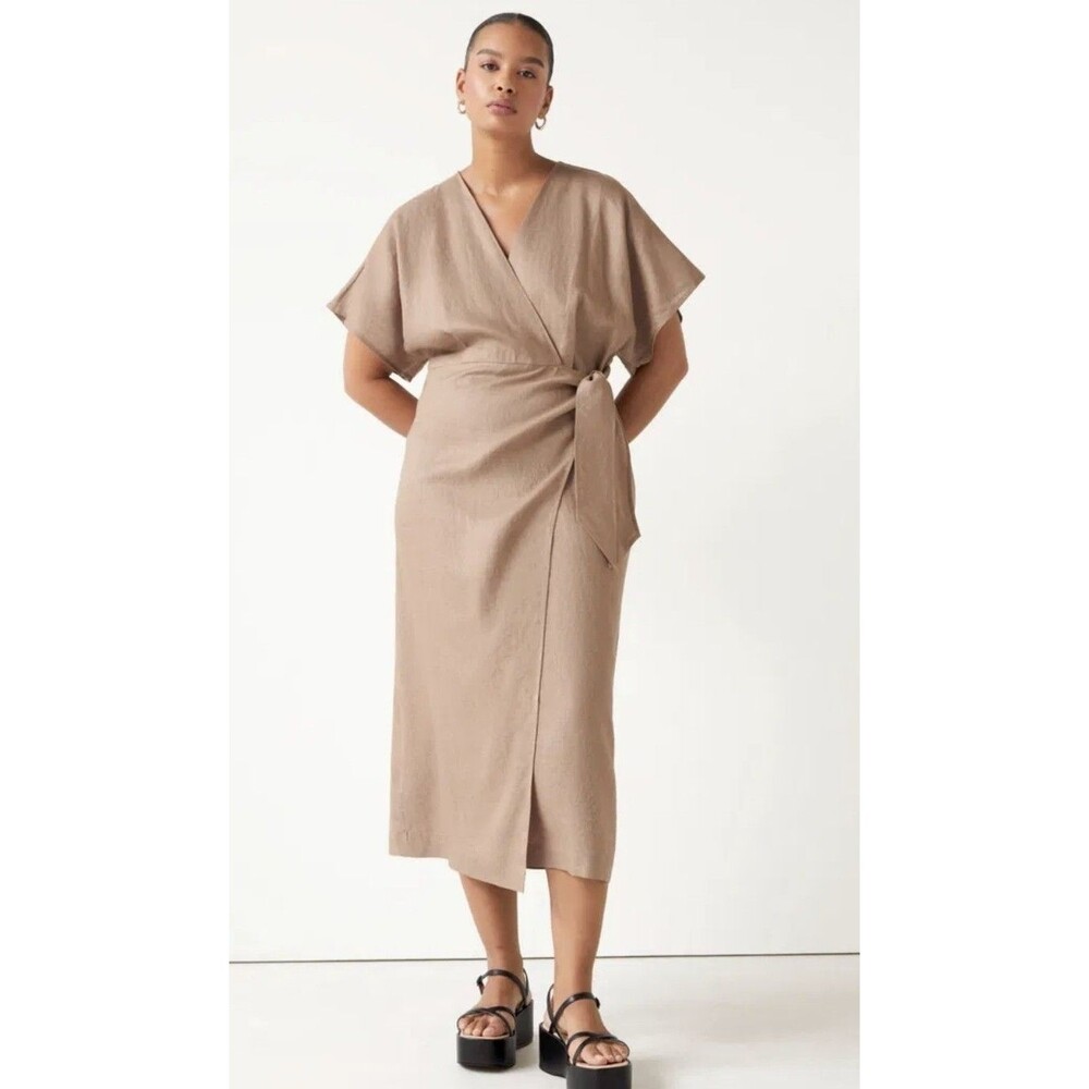 & Other Stories Women 10 Medium Linen Midi Wrap Dress Beige Capsule Minimalist
